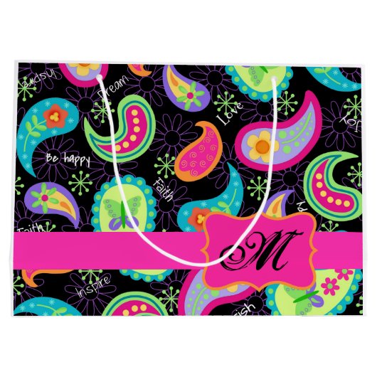 Zwart warm roze monogram op maat van Mod Paisley Large Cadeautasje (Achterkant)