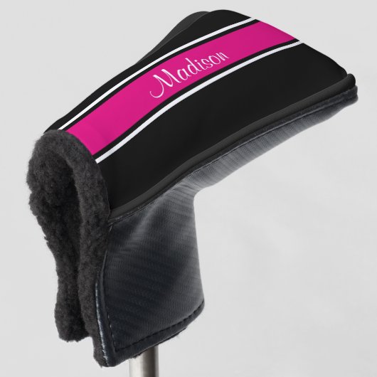 Zwart warm roze stripe Script Name Monogram Golfheadcover (3/4 voorkant)