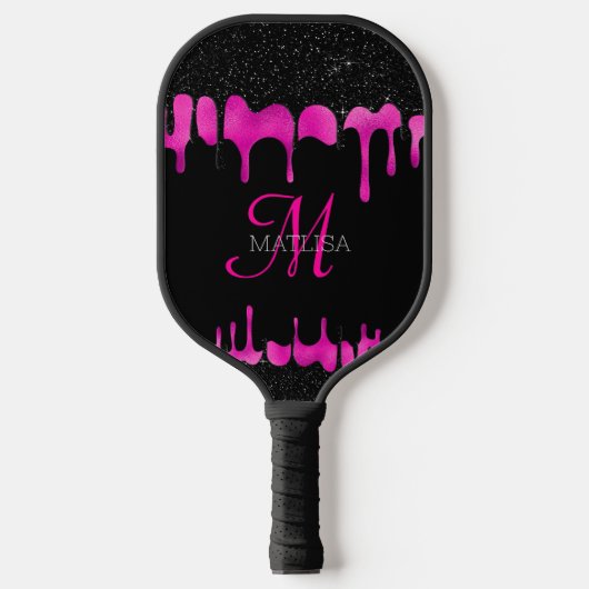 Zwart warmroze druppelaar Glitter Monogram Naam Pickleball Paddle (Voorkant)