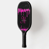 Zwart warmroze druppelaar Glitter Monogram Naam Pickleball Paddle (Links)