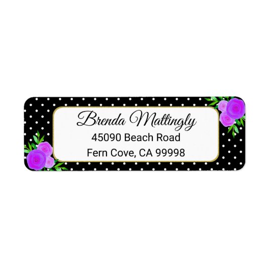 Zwart Waterverf Paarse Bloemen Stippen Retouradres Etiket (Voorkant)