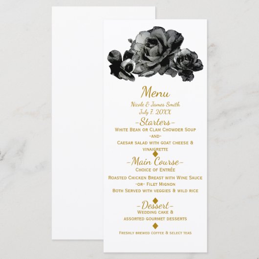 Zwart Waterverf Rozen Elegant Bruiloft Menu (Voorkant / Achterkant)