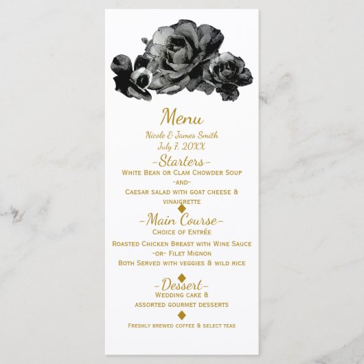 Zwart Waterverf Rozen Elegant Bruiloft Menu (Voorkant)