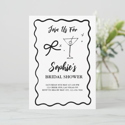 Zwart Wavy Retro Vrijgezellenfeest, Martini Bow St Kaart (Staand voorkant)