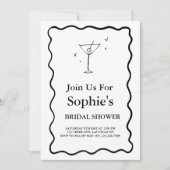 Zwart Wavy Retro Vrijgezellenfeest, Martini Glass Kaart (Voorkant)