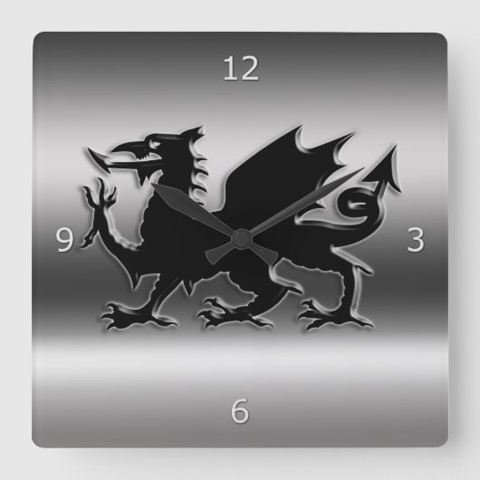 Zwart welsh dragon voor metallisch uitzicht vierkante klok (Voorkant)