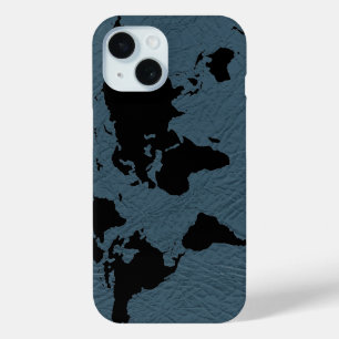Zwart Wereldkaart Blauw iPhone 15 Case