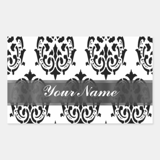 Zwart-white damask rechthoekige sticker (Voorkant)