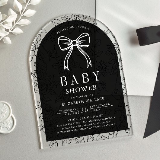 Zwart White Line Art Coquette Bow Baby shower Acryl Uitnodigingen