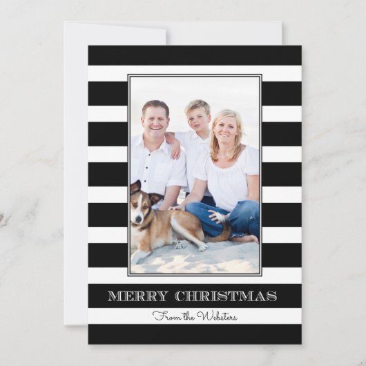 Zwart | White Stripe Merry-kerstfoto Feestdagenkaart (Voorkant)