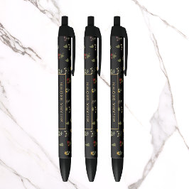Zwart  Wildflower Bloemen & Gouden Naam Zwarte Inkt Pen