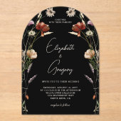 Zwart Wildflower bruiloft Acryl Uitnodigingen (Voorkant)