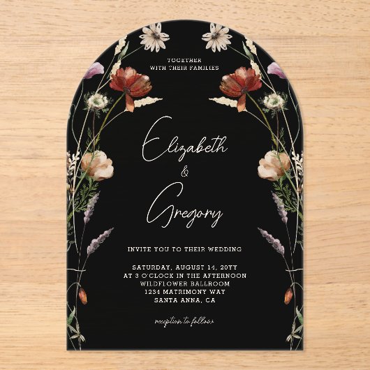 Zwart Wildflower bruiloft Acryl Uitnodigingen (Voorkant)