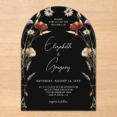 Zwart Wildflower bruiloft Acryl Uitnodigingen (Voorkant)