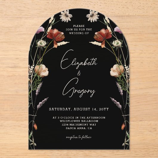 Zwart Wildflower bruiloft Acryl Uitnodigingen (Voorkant)