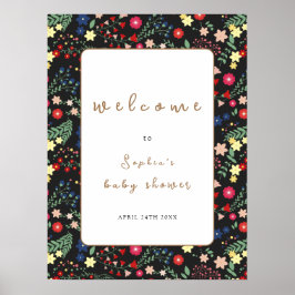 Zwart Wildflower Lijst Baby shower Welkom Poster