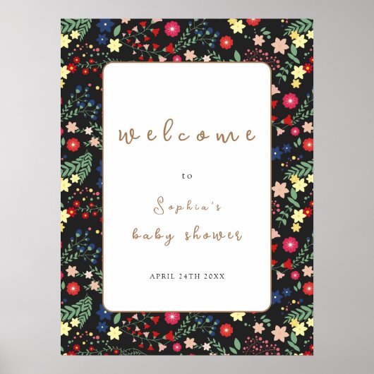 Zwart Wildflower Lijst Baby shower Welkom Poster (Voorkant)