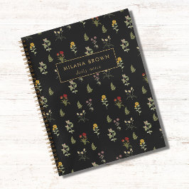 Zwart  Wildflower Patroon Gouden Naam Chic Notitieboek