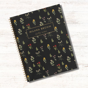 Zwart  Wildflower Patroon Gouden Naam Chic Notitieboek