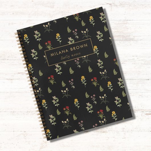 Zwart Wildflower Patroon Gouden Naam Chic Notitieboek