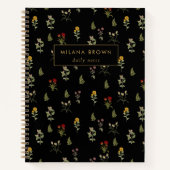 Zwart Wildflower Patroon Gouden Naam Chic Notitieboek (Voorkant)