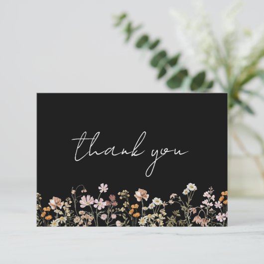 Zwart Wildflower Vrijgezellenfeest Dank u Bedankkaart (Staand voorkant)