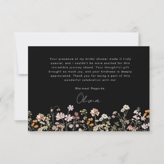 Zwart Wildflower Vrijgezellenfeest Dank u Bedankkaart (Achterkant)