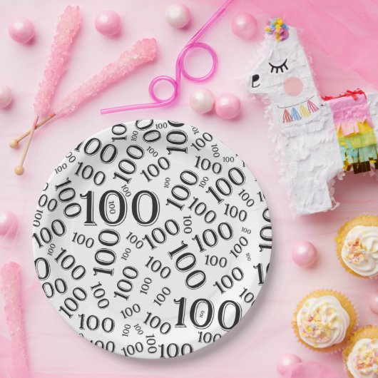 Zwart/wit 100th Birthday Party Number Pattern Papieren Bordje (Feest)