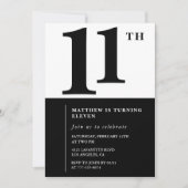 Zwart-wit 11e verjaardag uitnodiging Eenvoudig (Voorkant)