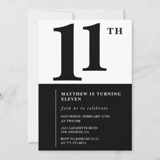 Zwart-wit 11e verjaardag uitnodiging Eenvoudig (Voorkant)