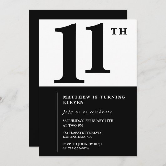 Zwart-wit 11e verjaardag uitnodiging Eenvoudig (Voorkant / Achterkant)