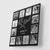 Zwart-wit 12 Foto Collage Blessed Family Vierkante Klok (Hoek)