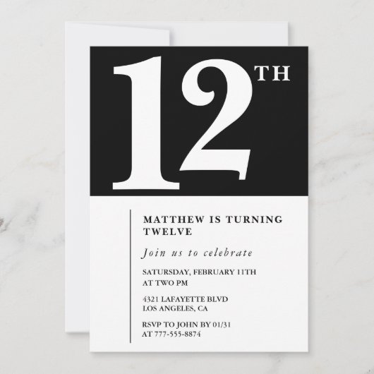 Zwart-wit 12e verjaardag uitnodiging Chic (Voorkant)