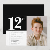 Zwart Wit 12e verjaardag uitnodiging Chic Foto (Voorkant / Achterkant)
