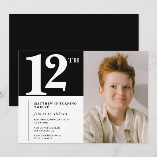 Zwart Wit 12e verjaardag uitnodiging Chic Foto (Voorkant / Achterkant)