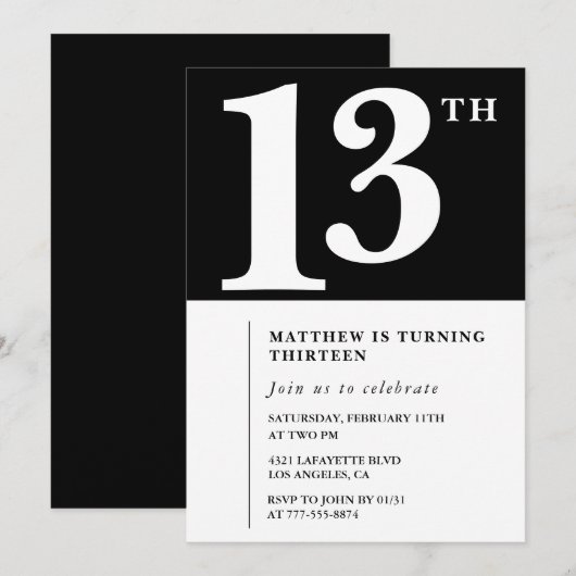 Zwart-wit 13e verjaardag uitnodiging Chic (Voorkant / Achterkant)