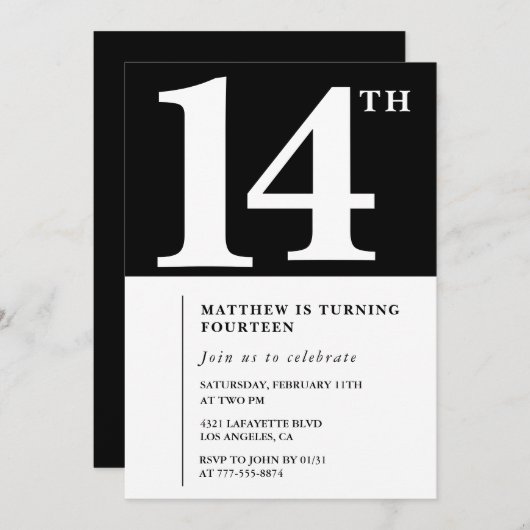Zwart-wit 14e verjaardag uitnodiging Chic (Voorkant / Achterkant)