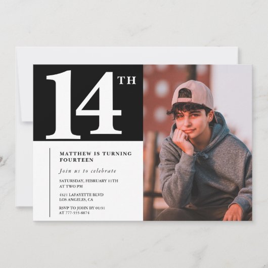 Zwart Wit 14e verjaardag uitnodiging Chic Foto (Voorkant)