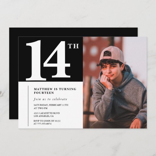 Zwart Wit 14e verjaardag uitnodiging Chic Foto (Voorkant / Achterkant)