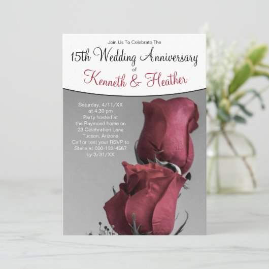 Zwart Wit 15e Bruiloft Jubileum Rood Rozen Kaart (Staand voorkant)
