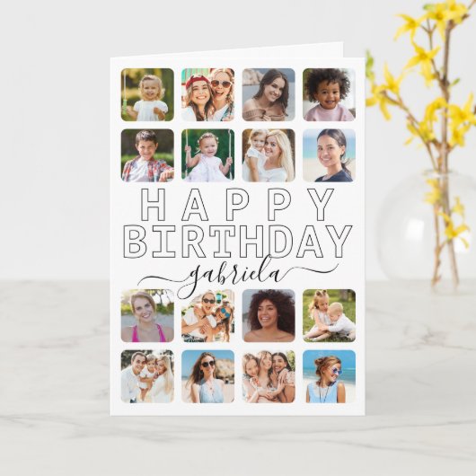 Zwart & Wit 16-Foto Collage Verjaardag Kaart – Mod (Gele Bloem)