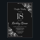 Zwart-wit 18th Birthday Dinner Kaart<br><div class="desc">Een zwarte en witte 18de uitnodiging van het verjaardagsdiner met  kant diagonale hoeken om de witte tekst te lijsten.</div>