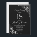 Zwart-wit 18th Birthday Dinner Kaart<br><div class="desc">Een zwarte en witte 18de uitnodiging van het verjaardagsdiner met  kant diagonale hoeken om de witte tekst te lijsten.</div>