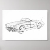 Zwart-wit 1958 Chevy Corvette Illustration Poster (Voorkant)