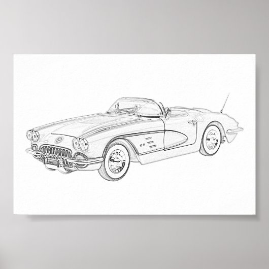 Zwart-wit 1958 Chevy Corvette Illustration Poster (Voorkant)