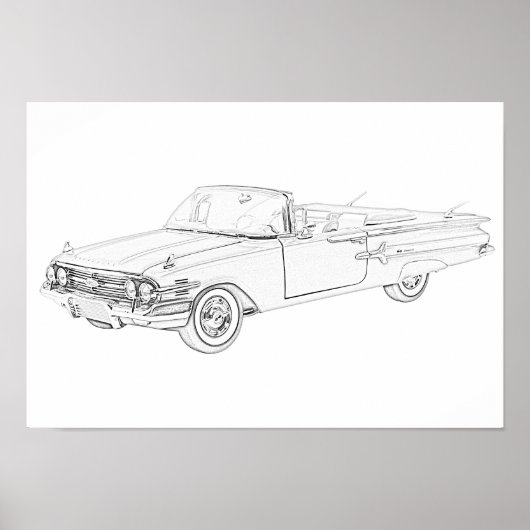 Zwart-wit 1960 Chevy Impala Convertible Poster (Voorkant)