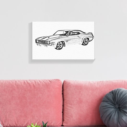 Zwart-wit 1969 Camaro Z28 Illustratie Canvas Afdruk (Insitu (Woonkamer))