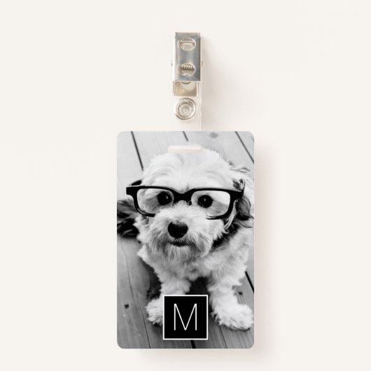 Zwart wit 1 Foto Collage Aangepast monogram Badge (Voorkant met clip)