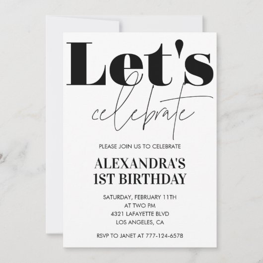 Zwart-wit 1e verjaardag uitnodiging Modern (Voorkant)