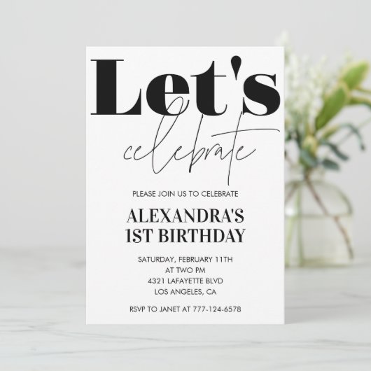 Zwart-wit 1e verjaardag uitnodiging Modern (Staand voorkant)